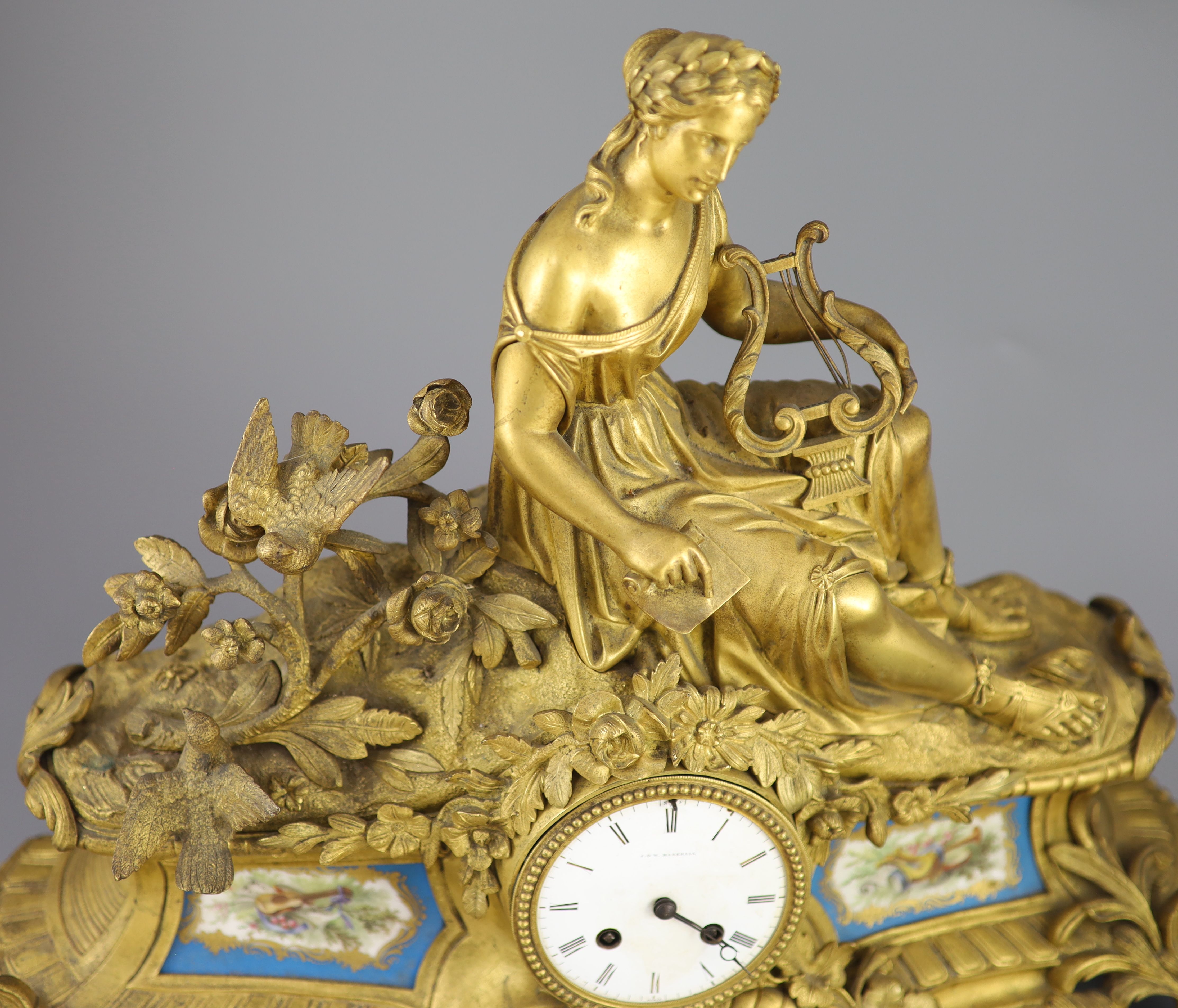 A 19th century French ormolu mantel clock, retailed by J & W Marshall, Paris, width 22.5in.